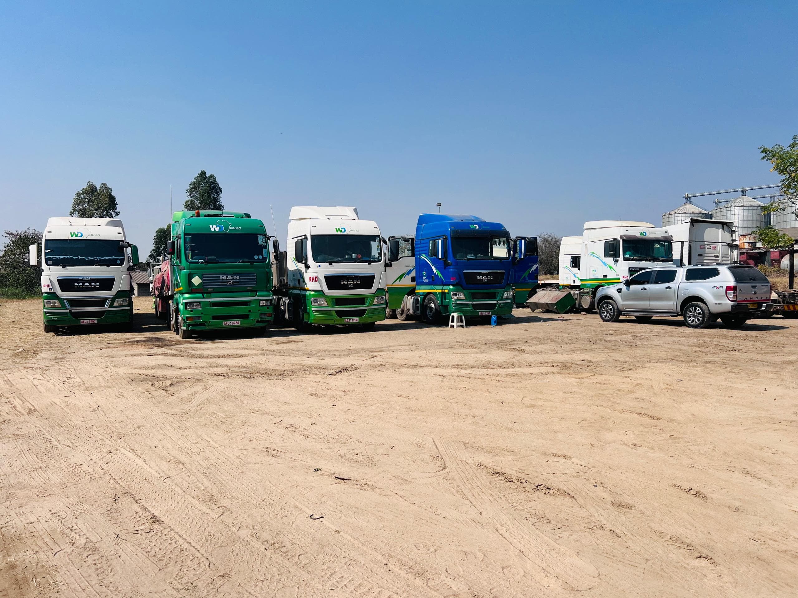 The WD Logistics fleet of trucks lined up in the yard in Mutare, Zimbabwe